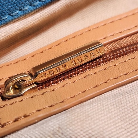 TORY BURCH Jaden Blue Brown Canvas Leather Tote Bag - Picture 5 of 11